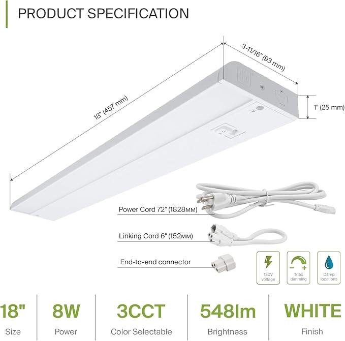 ASD 18 Inch LED Under Cabinet Lighting Plug in or Hardwired, High/Low/Off Switch - Image 2