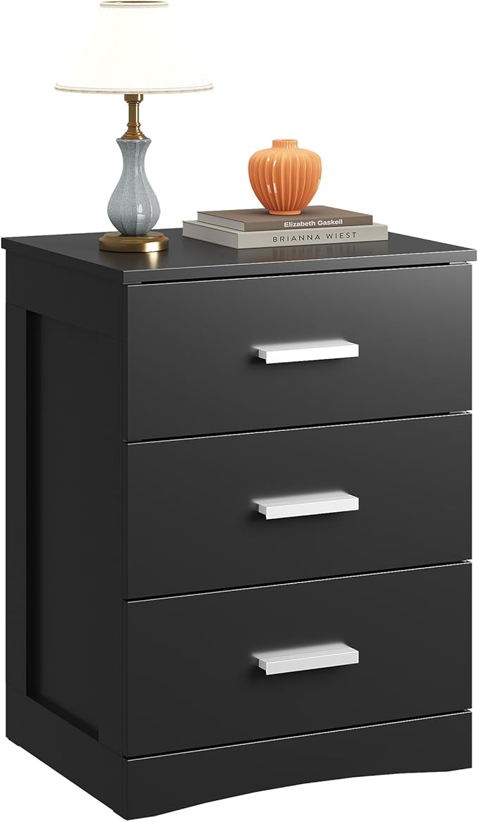 WLIVE Black Night Stand with 3 Drawers, Small Wooden Nightstand, Bed Side Table by WLIVE