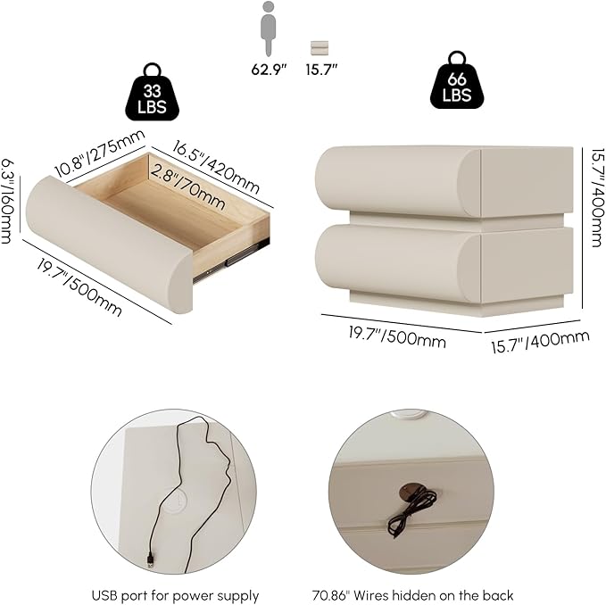 homary Smart Nightstand with Wireless Charging, USB & Type-C Ports – Modern Off - Image 2