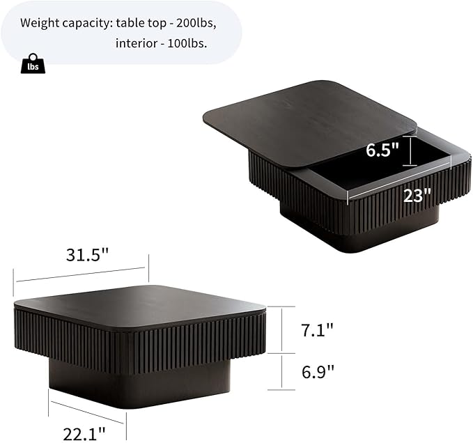 Square Small Coffee Table with Storage, Modern Wooden Coffee Table with Solid - Image 3