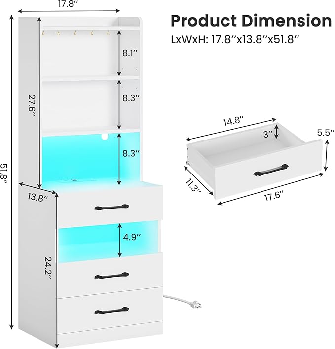 VIAGDO Tall Nightstand with Charging Station and LED Lights, Large White Night - Image 2