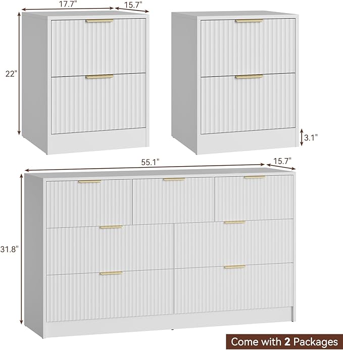 7 Drawer Dresser & Nightstand Set 3-Piece, 55” Wide Bedroom Dresser Set Night - Image 2