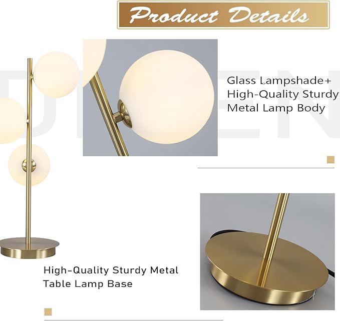 Modern Glass Globe Table Lamp 3 Lights Mid Century Small Gold Desk Lamp - Image 3