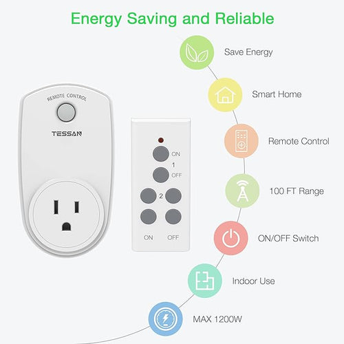 2 Pack Remote Control Outlet, TESSAN Wireless Electrical Plug Switch - Image 2