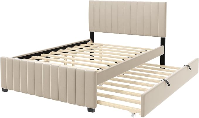 Full Bed Frame with Trundle Bed, Velvet Upholstered Platform Bed Frame - Image 4
