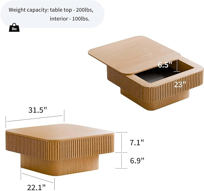 Square Small Coffee Table with Storage, Modern Wooden Coffee Table with Solid - Image 3