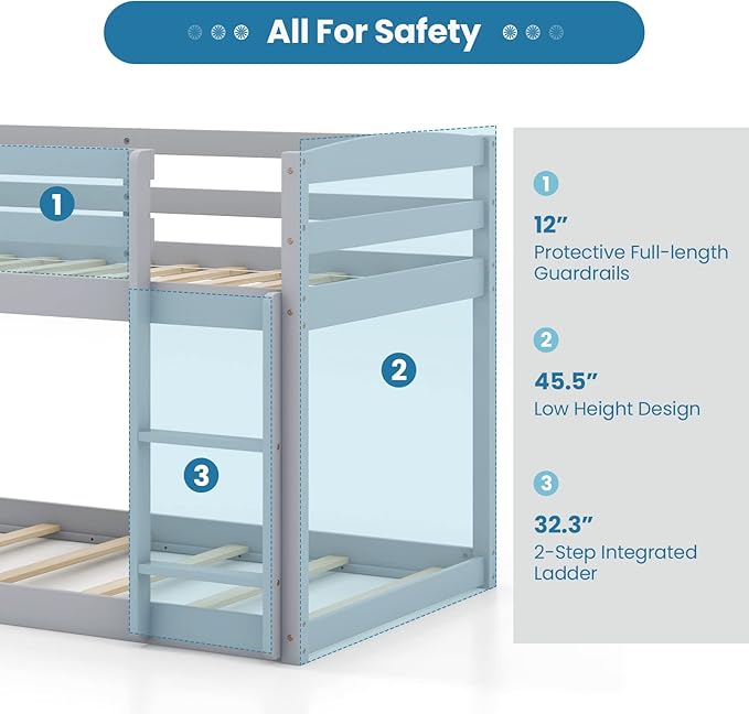 KOMFOTT Low Bunk Bed Twin Over Twin, Solid Wood Bunk Bed Frame - Image 6