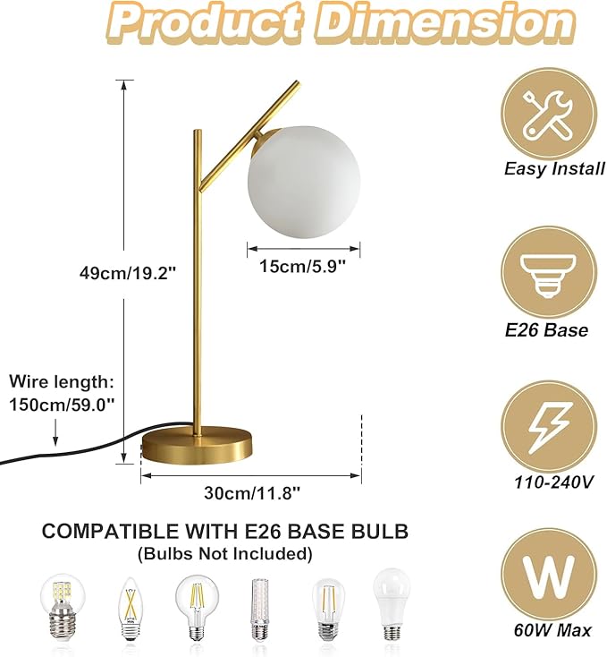Globe Table Lamp Set of 2, Brass Glass Globe Desk Lamp - Image 2