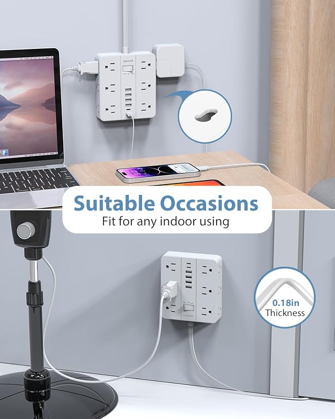 Power Strip Surge Protector 10ft Extension Cord, SMNICE Flat Plug - Image 4