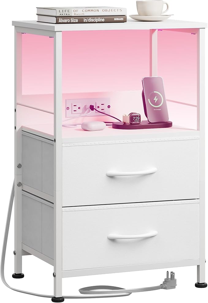 WLIVE White Night Stand with Charging Station, LED Nightstand with 2 Fabric by WLIVE