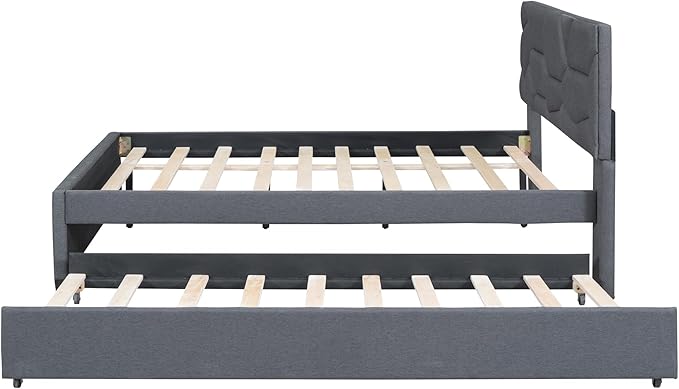 Full Size Bed Frame with Twin Size Trundle, Linen Upholstered Platform Bed - Image 4