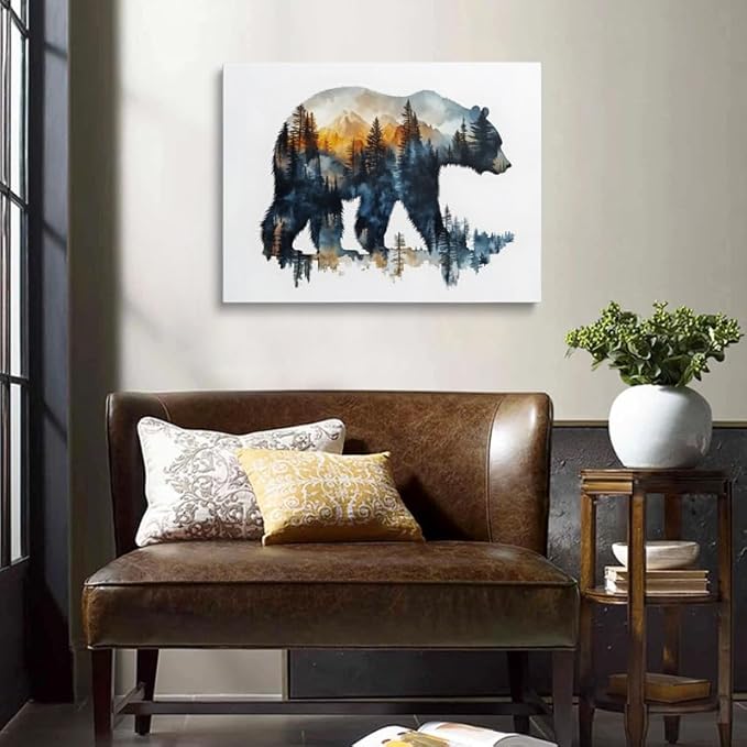 Bear Silhouette Forest Landscape Canvas Wall Art Framed Print Watercolor - Image 3