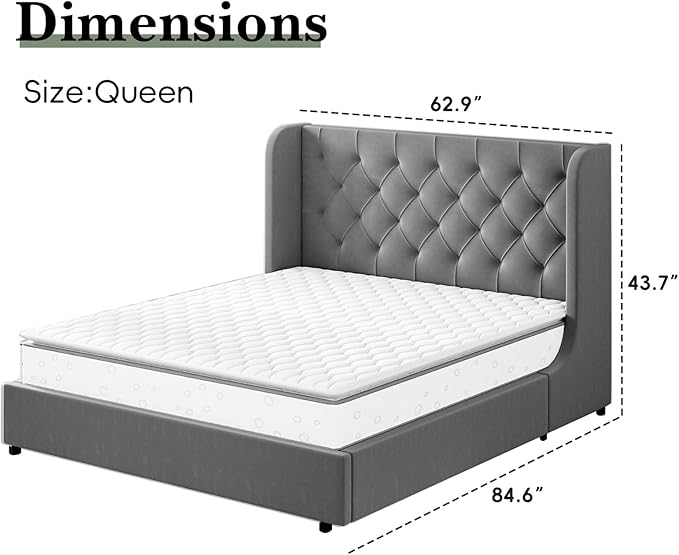 HOMBCK Grey Queen Bed Frame, Velvet Upholstered Platform Bed Frame - Image 2