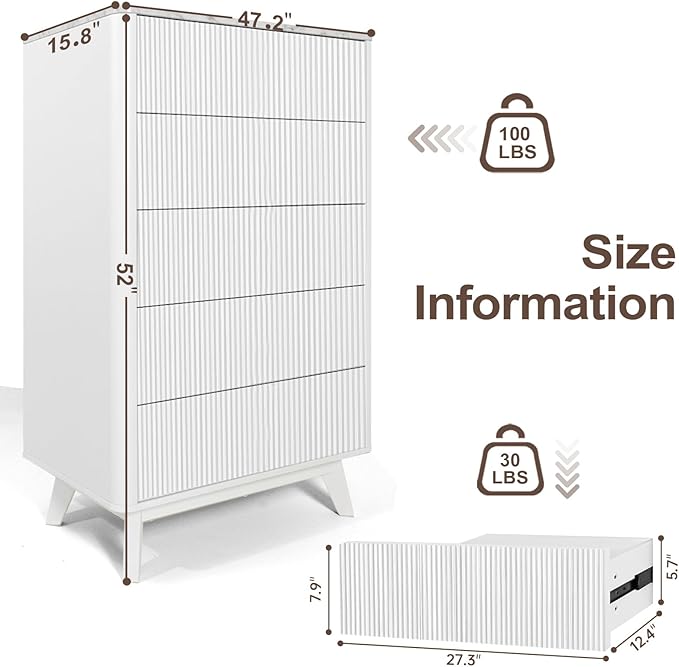 Fluted 5 Drawers Dresser for Bedroom, Curved Profile Design, Wood Drawer - Image 2