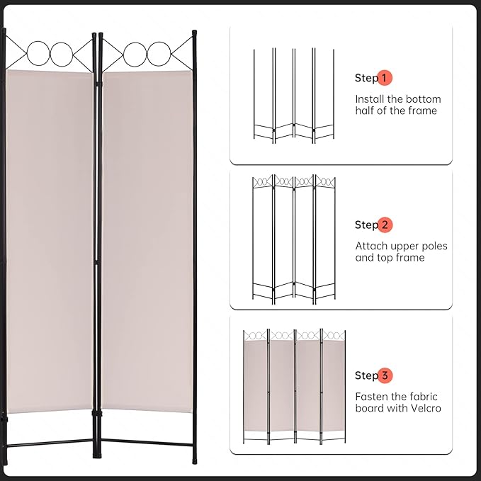 4 Panel Room Divider 6FT Steel Frame Screen Folding Privacy Divider - Image 3