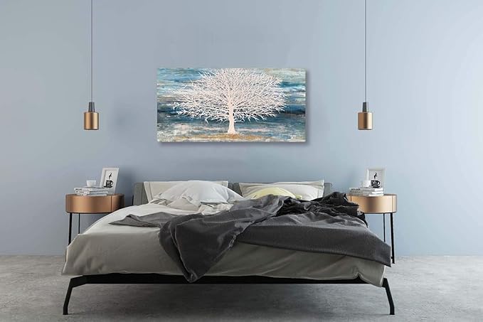 RICHSPACE ARTS Modern Tree Canvas Wall Art Teal Blue and White Pictures Large - Image 4