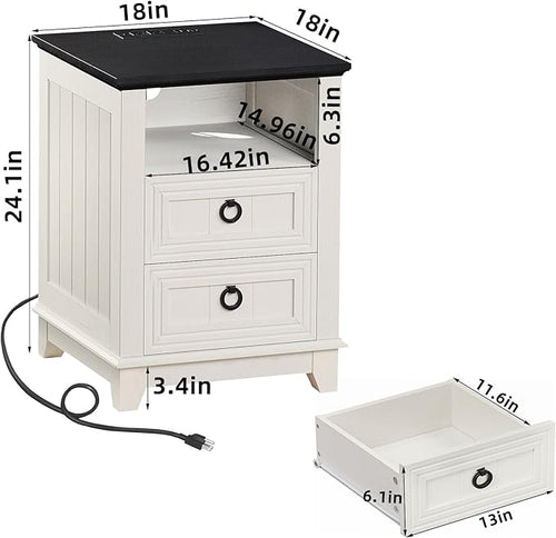 18" Farmhouse Night Stand with Charging Station, 2 Drawers End Table Dresser - Image 2