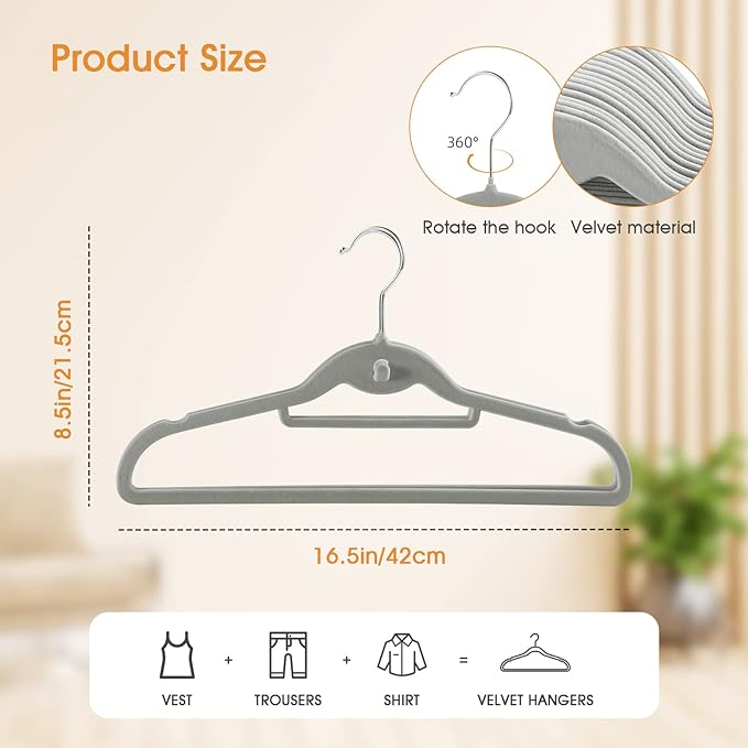 Velvet Clothing Hangers Slim Stackable Non-Slip Grey Suit Hanger Space Saving - Image 3