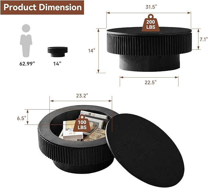 LKTART Round Coffee Table for Living Room, Accent Fluted Drum Coffee Table - Image 3