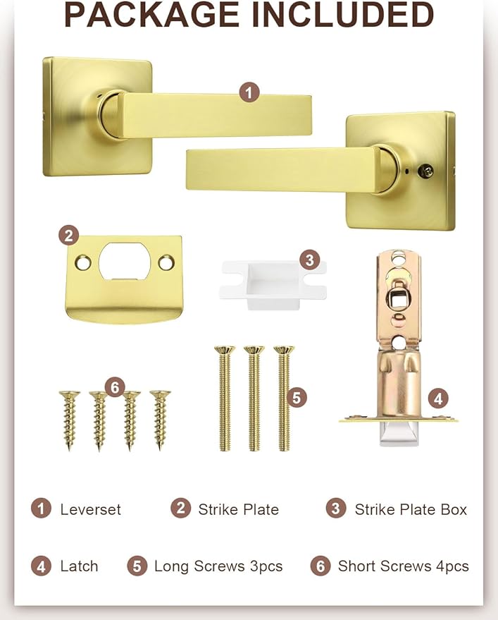 Mengico 2 Pack Passage Door Levers Gold Finish, No-Locking Keyless Square Door - Image 7