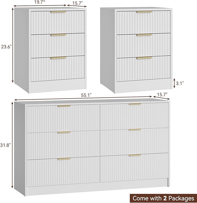 55" Long Dresser and Nightstand Set 3-Piece, 6 Drawer Dressers & Night Stand - Image 2