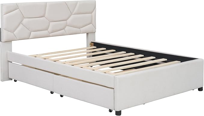 Full Size Bed Frame with Twin Size Trundle and 2 Storage Drawers, Linen - Image 8