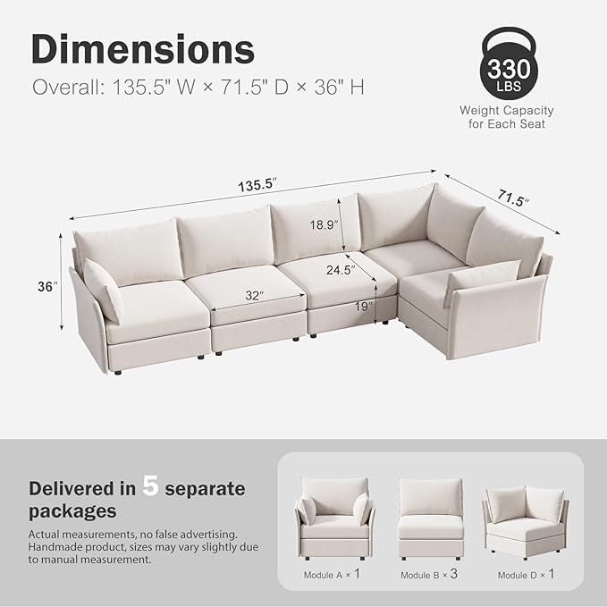 ABCASA 135.5" Oversized Modular Sectional Sofa, L Shaped Convertible Couch - Image 2