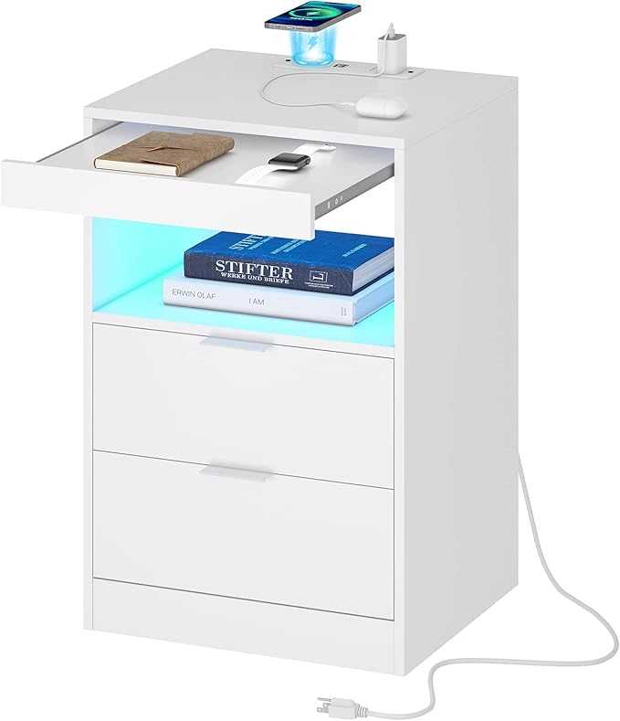 Tiptiper LED Nightstand with Wireless Charging Station, Bedside Table with LED by Tiptiper