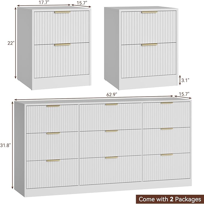9 Drawer Dresser & Nightstand Set 3-Piece, 63” Wide White Fluted Dresser and - Image 3