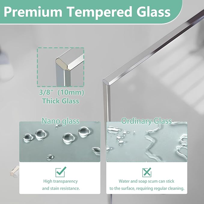 35"x74" Semi-Framed Shower Screen, Single Fixed Shower Glass Panel - Image 4