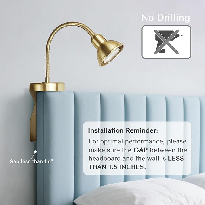 Solfres Patented Innovative Design Headboard Reading Light. No Drilling Golden - Image 3