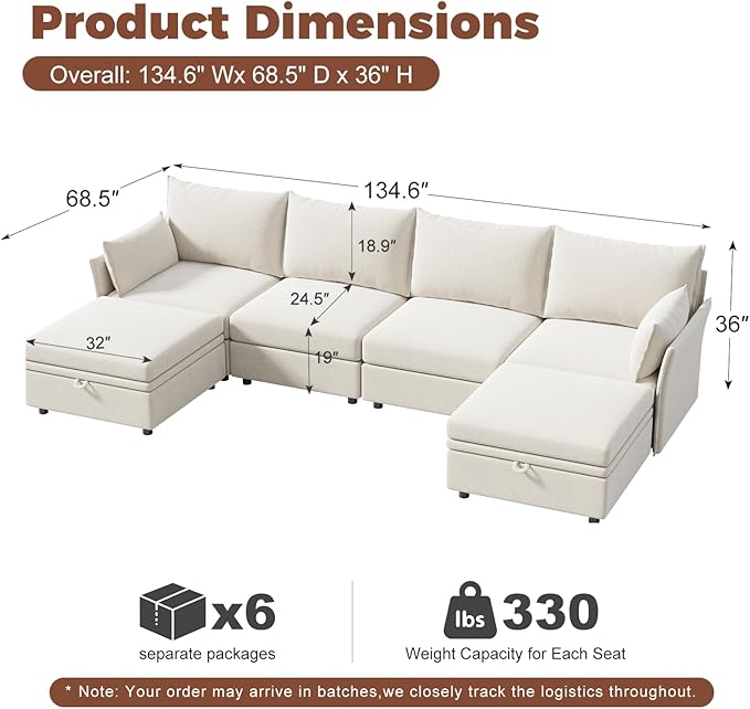 ABCASA 134.6" Oversized Modular Sectional Sofa, 6 Seater U Shaped Couch - Image 2