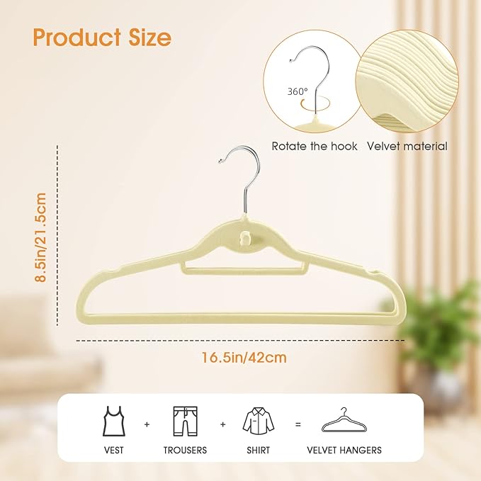 Velvet Clothing Hangers Slim Stackable Non-Slip Beige Suit Hanger Space Saving - Image 3