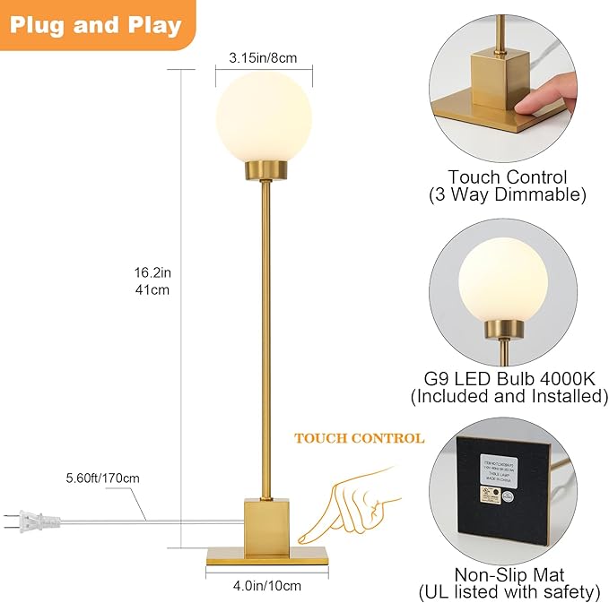 Touch Lamps for Bedroom, Small Brass Table Lights, 3-Way Control Dimmable - Image 6