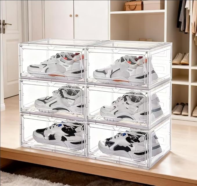 Transparent Plastic Stackable Shoe Storage Box, 6 Pack Side Opening Shoe Box - Image 2