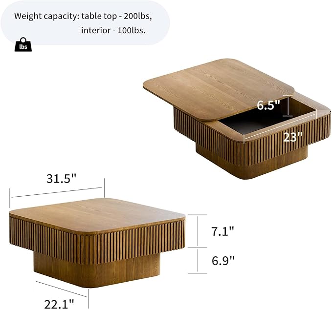 Square Small Coffee Table with Storage, Modern Wooden Coffee Table with Solid - Image 3