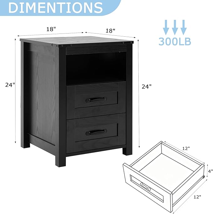 Black Rustic Night Stand Set of 2, Farmhouse End Table, Modern Bedside Table - Image 3
