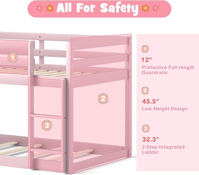 KOMFOTT Low Bunk Bed Twin Over Twin, Solid Wood Twin Bed Frame - Image 6