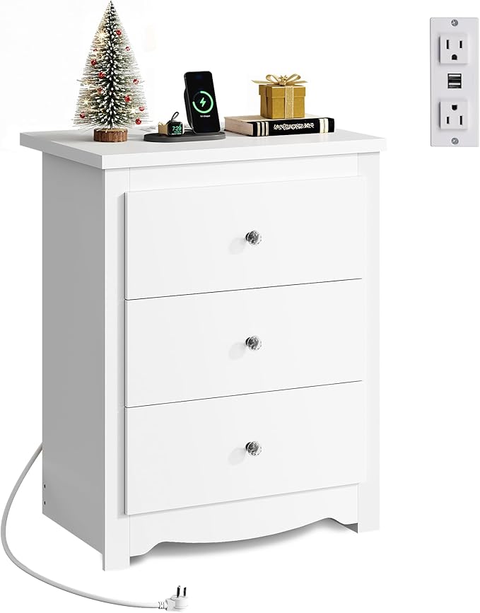 WLIVE White Nightstand with Charging Station, Wood Night Stand with 3 Drawers by WLIVE
