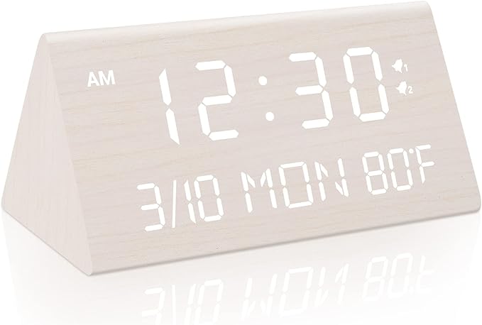 Kogonee Wooden Digital Alarm Clock, 0-100% Dimmer, 2 Alarm Settings, by Kogonee