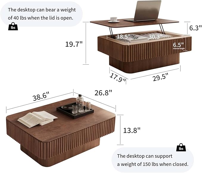 Lift Coffee Table with Storage & Adjustable Height, Solid Wood Coffee Table - Image 3