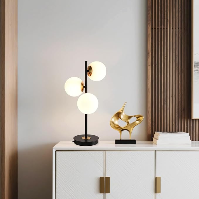 3-Light Black and Gold Table Lamp, Milk White Glass Globe Table Lamp - Image 8