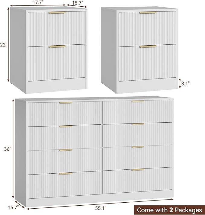 8 Drawer Dresser & Nightstand Set 3-Piece, 55” Wide Fluted Dresser and Night - Image 3