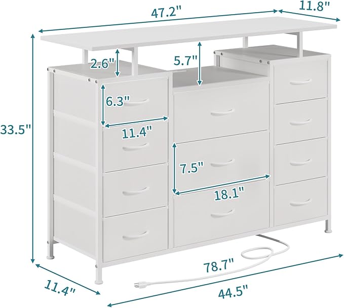 LUMTOK 11 Drawers Dresser with Fabric Drawers, Charging Station, LED Lights and - Image 3