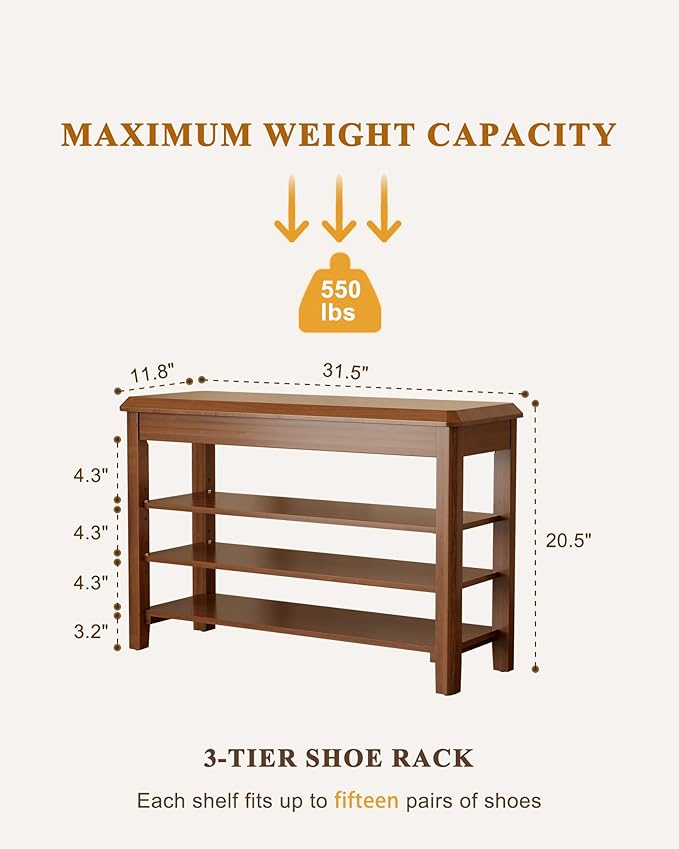 Shoe Rack Bench Seat Rubberwood 3-Tier Wooden Storage Bench 550lbs Compact - Image 2