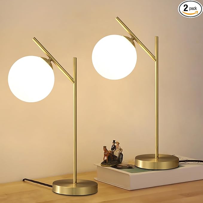 Globe Table Lamp Set of 2, Brass Glass Globe Desk Lamp by Fulesi