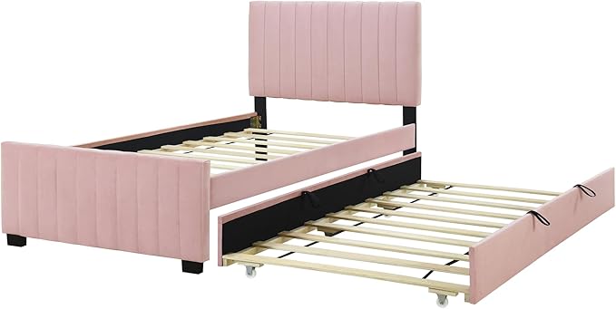 Twin Size Bed Frame with Trundle Bed, Velvet Upholstered Bed Frame, Twin Size - Image 5