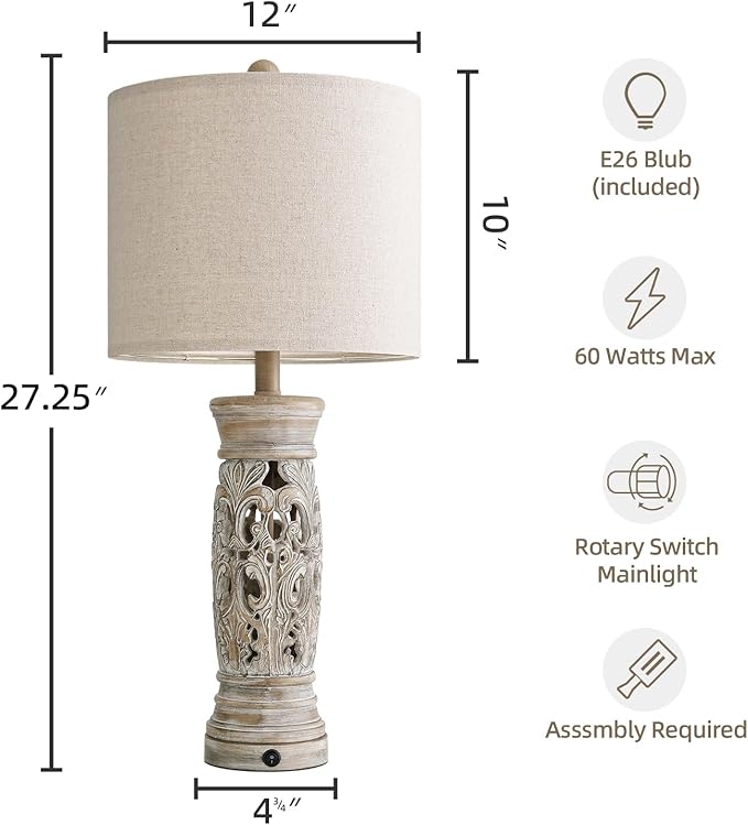 BOBOMOMO 27.25” Rustic Farmhouse Table Lamps Set of 2 – Vintage Bedside Lamps - Image 6