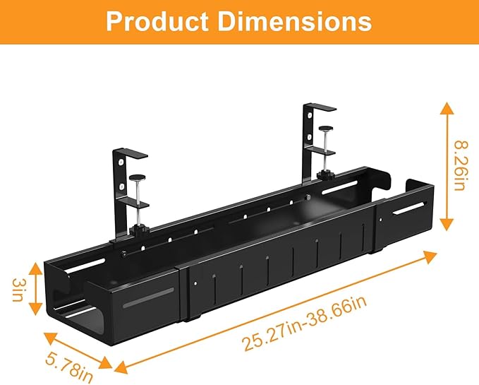 REALINN Under Desk Cable Management Tray Black, Expandable 25.27"-38.66" Sturdy - Image 2