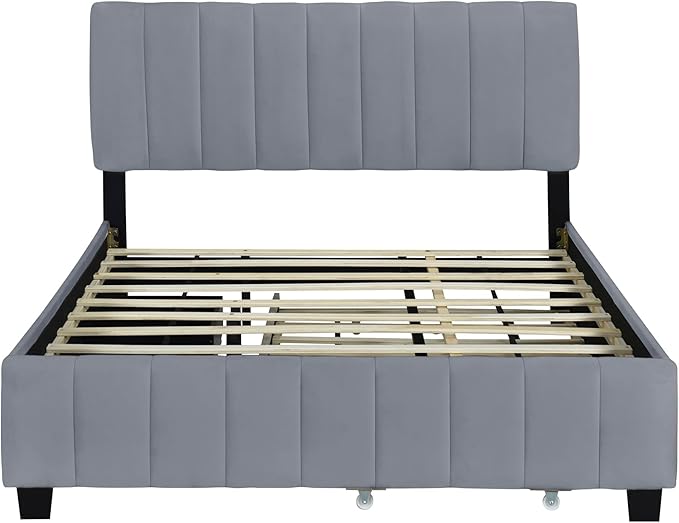 Queen Bed Frame with Trundle Bed, Velvet Upholstered Platform Bed Frame with - Image 6